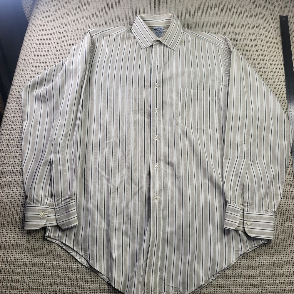 Brooks Brothers Shirt Mens 16-4 White Blue Tan Striped Slim Fit Button Down USA